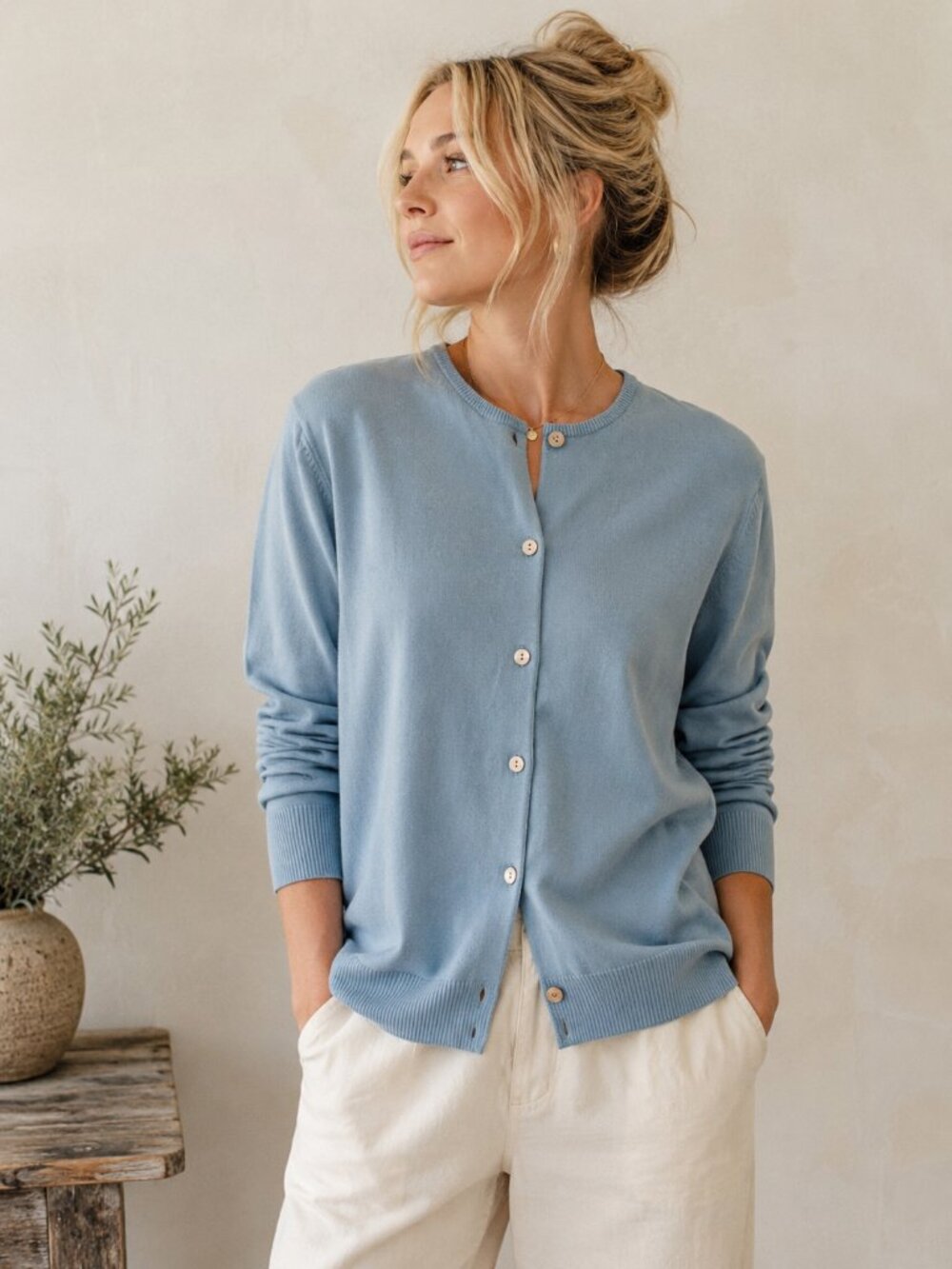 Lands' End Light Blue Cotton Cardigan | Size Medium | Classic Wardrobe Staple